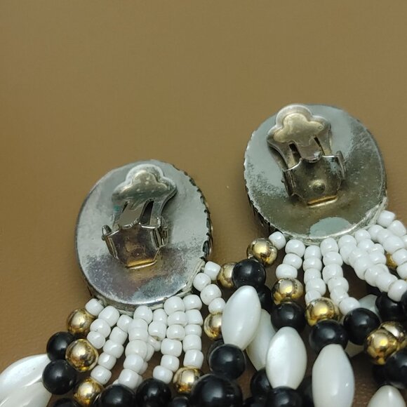 Vtg Clip On Earrings Southwestern Chandelier Stone Black MOP White Bead Dangle - Picture 6 of 11